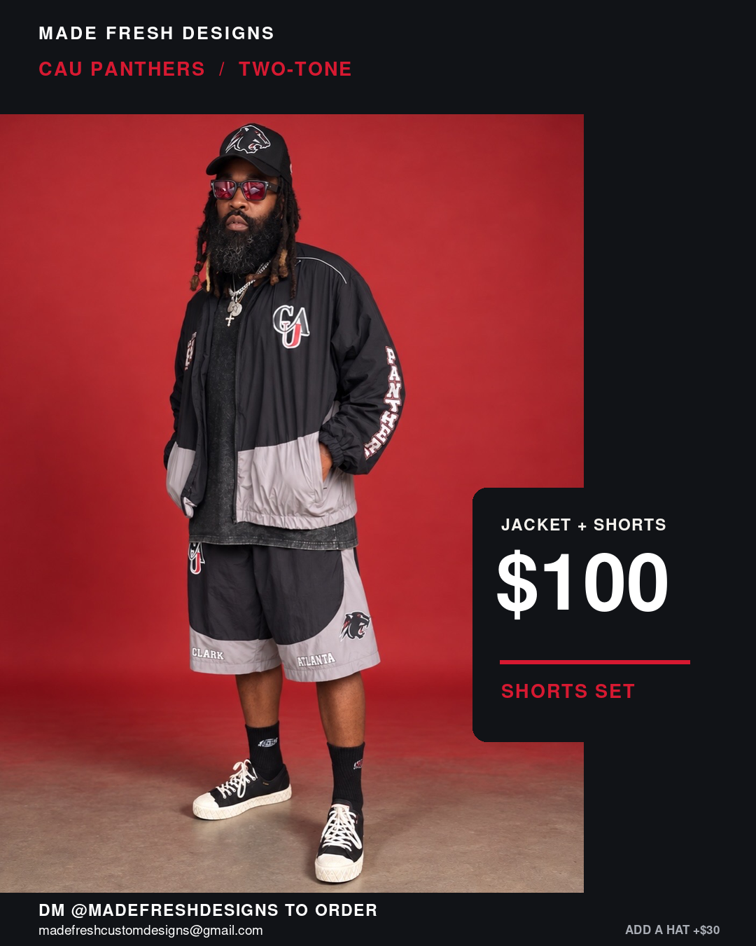 Black and gray Clark Atlanta inspired jacket and shorts set with front graphics and matching hats