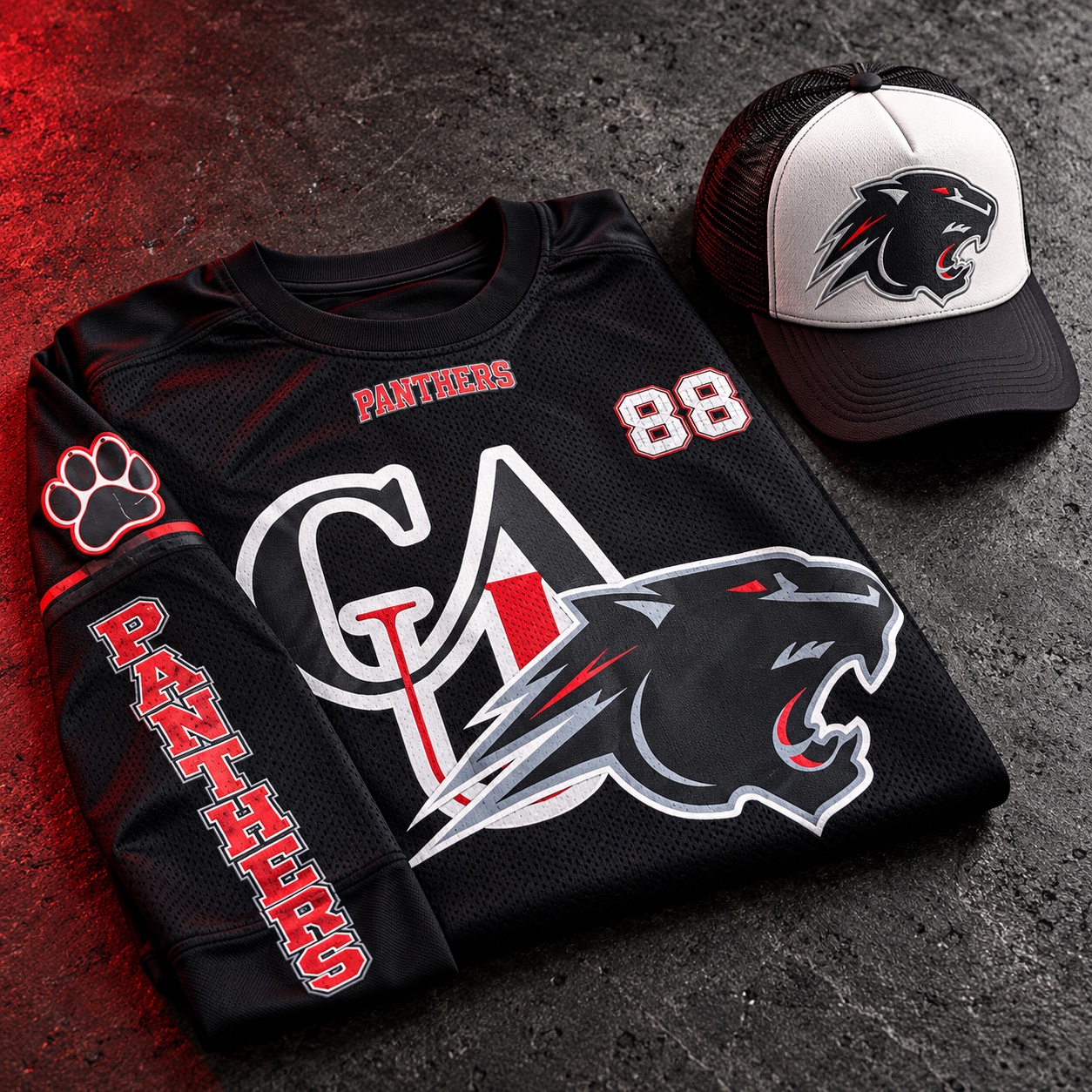 Close product view of the Clark Atlanta 88 long sleeve jersey and matching Panther hat