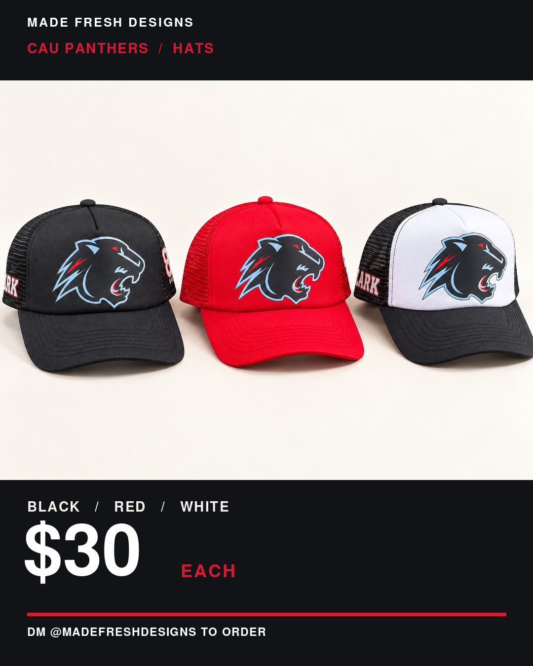 Three matching Panther hats in black, red, and white with black brim