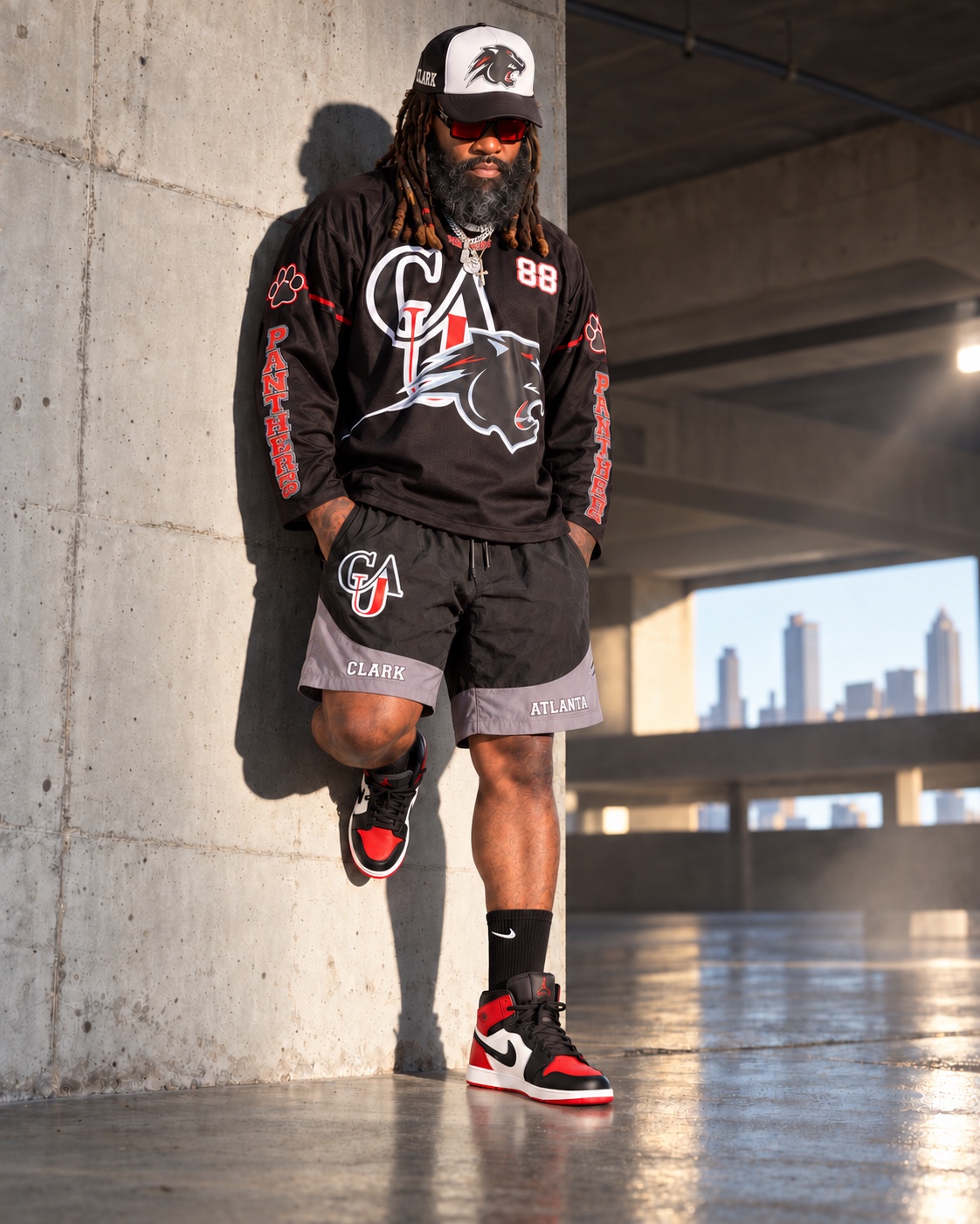 Chief styling the black and gray Clark Atlanta shorts and 88 jersey in an Atlanta parking deck
