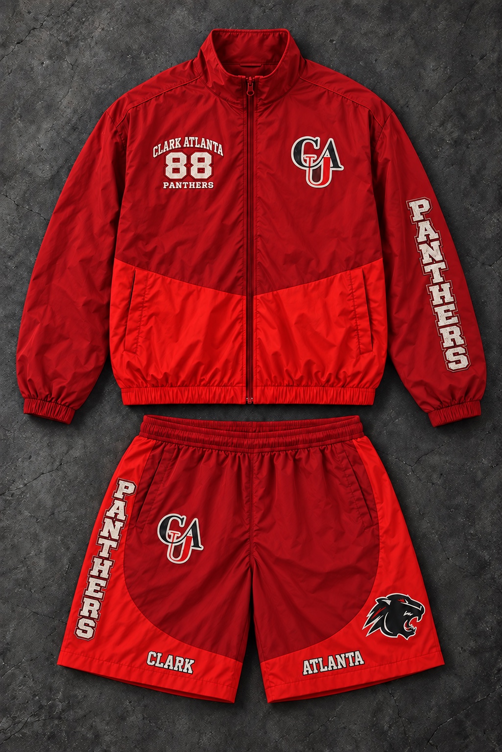 Clark Atlanta inspired red and bright red jacket and shorts set concept