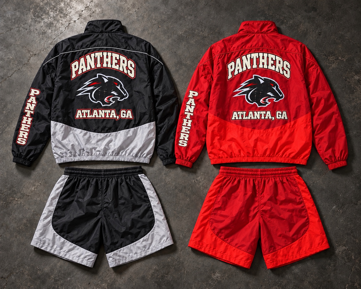 Back views of the black and gray and red Clark Atlanta inspired jackets and shorts
